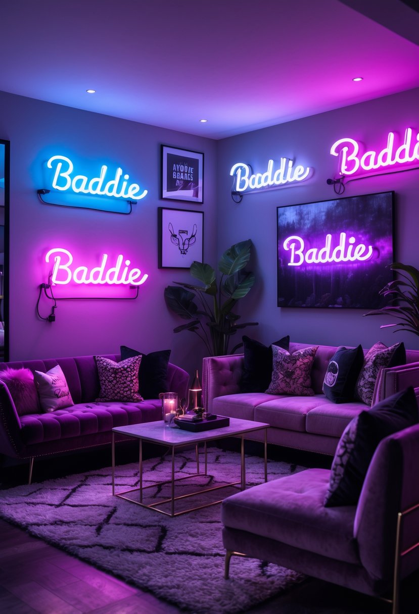 A modern living room with colorful neon signs on the walls, stylish furniture, and decorative accents creating a cozy and trendy atmosphere.