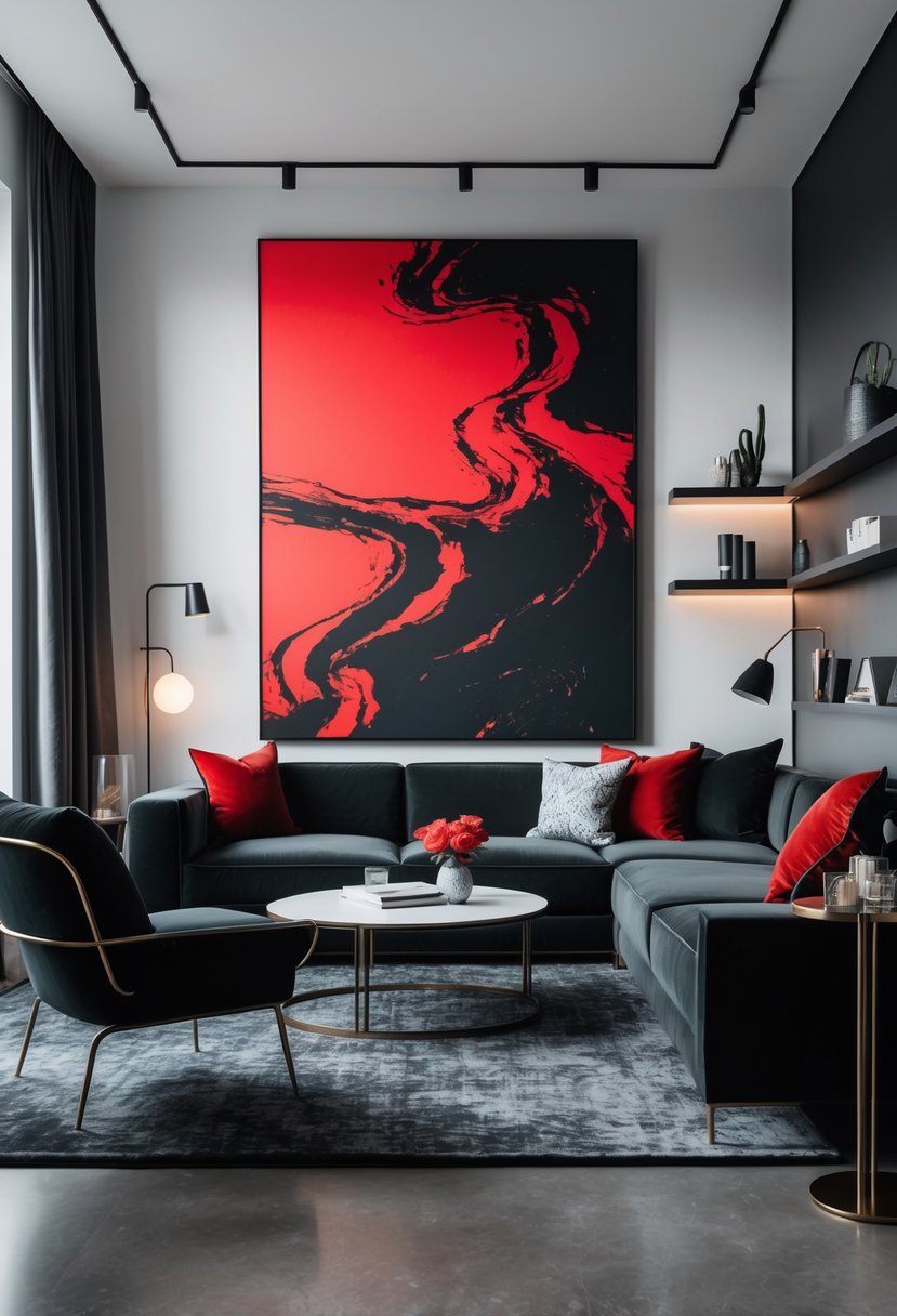 A living room with a bold red and black abstract wall art above a modern sofa and stylish furniture.