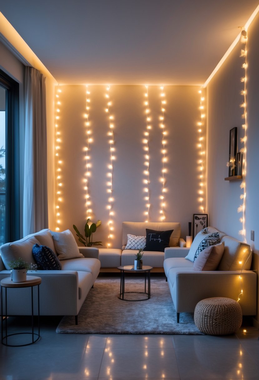A cozy living room with fairy lights hanging on the walls and stylish furniture.