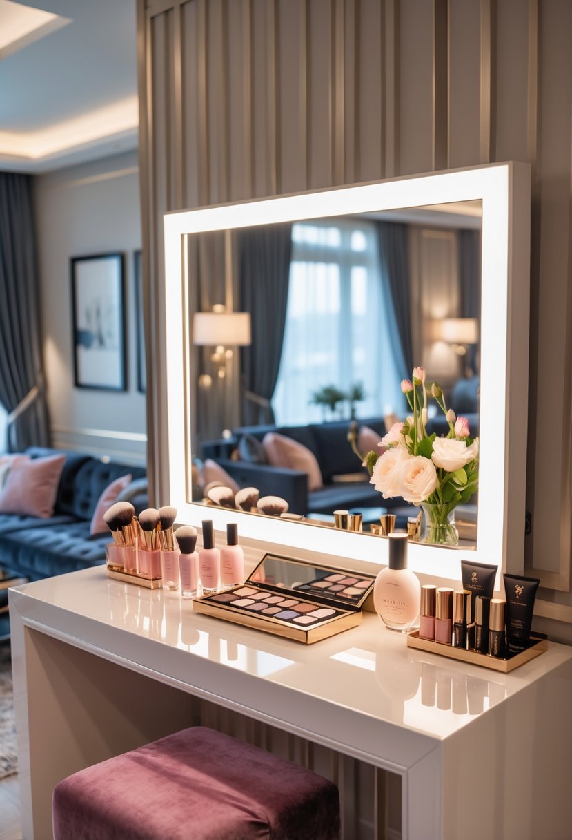 A luxurious makeup vanity with illuminated mirror and makeup products in a stylish living room with sofa, coffee table, and decorative elements.