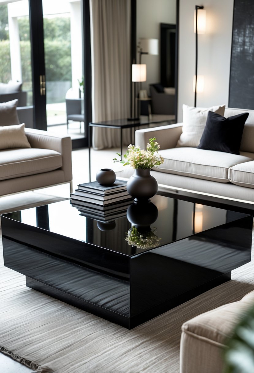 A living room with a glossy black coffee table surrounded by a sofa, armchair, and decorative items.