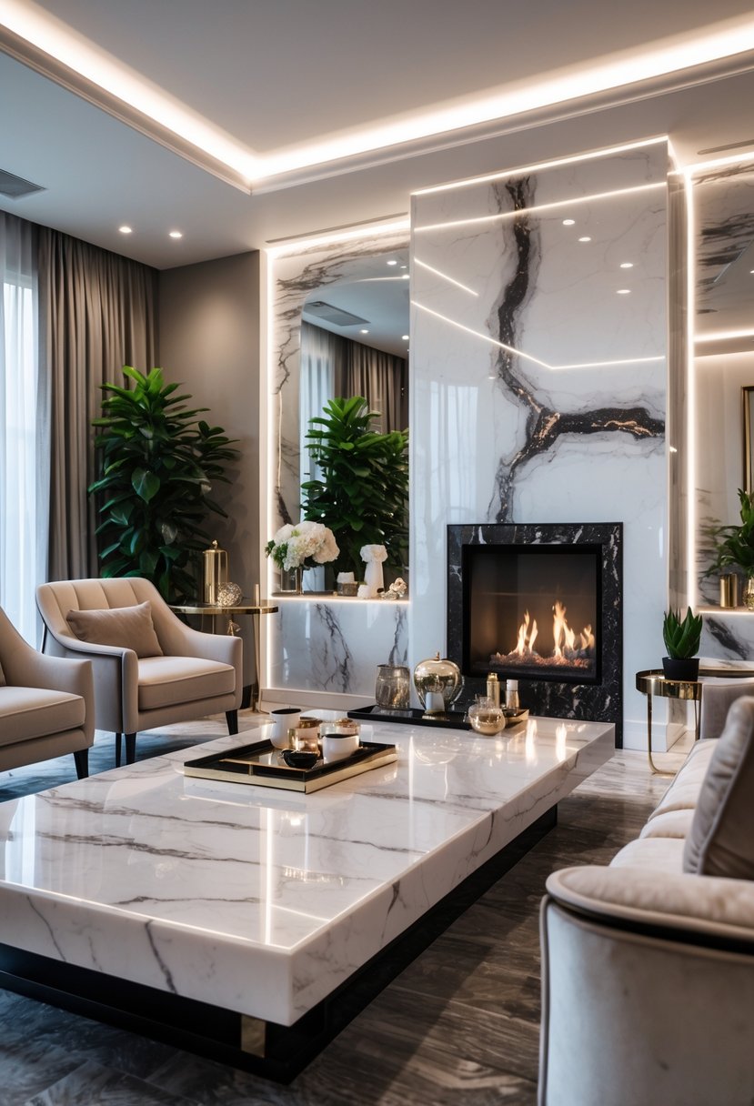 A modern living room with glossy marble surfaces, comfortable seating, and stylish decor.