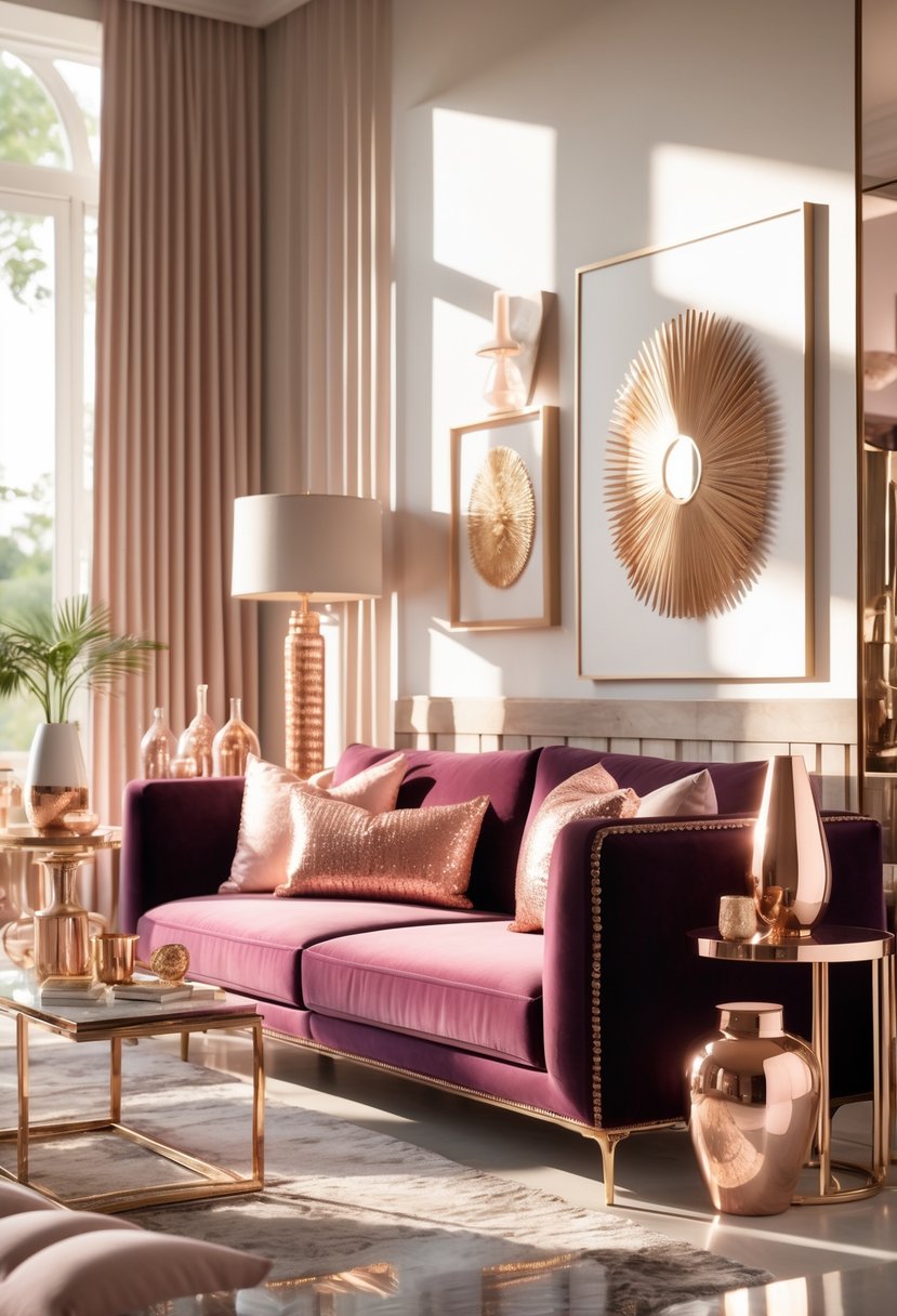 A living room with a velvet sofa, metallic gold and rose gold decor items, side tables, and natural light from large windows.