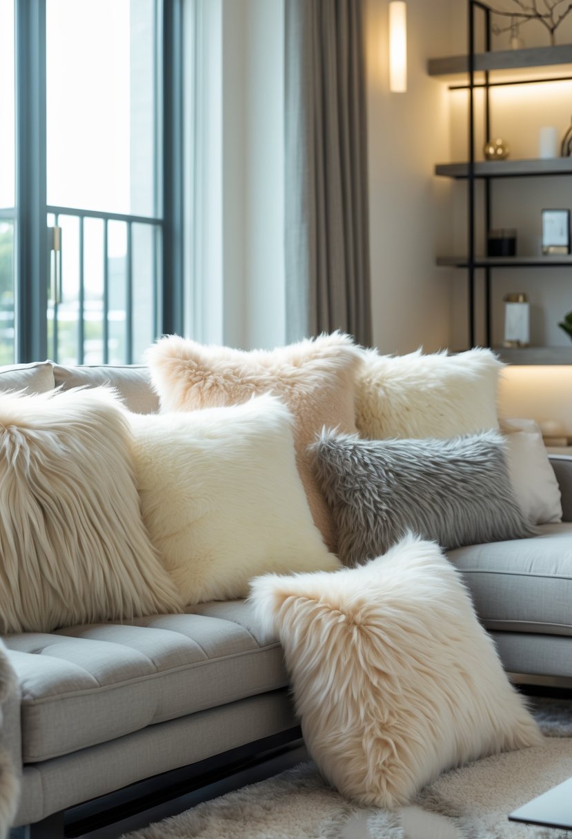 A living room with a modern sofa adorned with several plush faux fur throw pillows in neutral colors, surrounded by contemporary furniture and natural light.