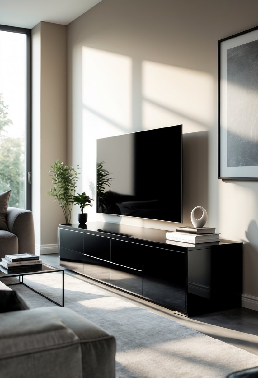 A modern living room with a glossy black TV unit, a sofa, coffee table, and decorative items.