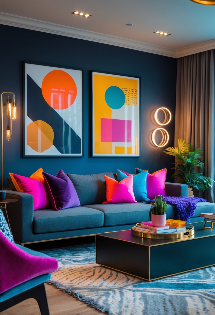 A modern living room with bold graphic art prints on the walls, a stylish sofa with colorful pillows, and a coffee table with decorative items.