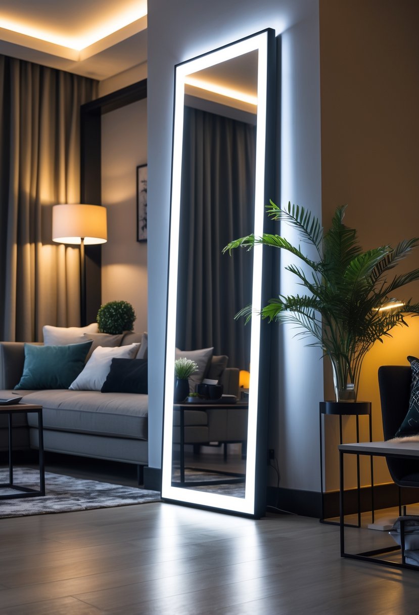 A large floor mirror with LED lighting in a modern living room with a sofa, coffee table, and decorative plants.