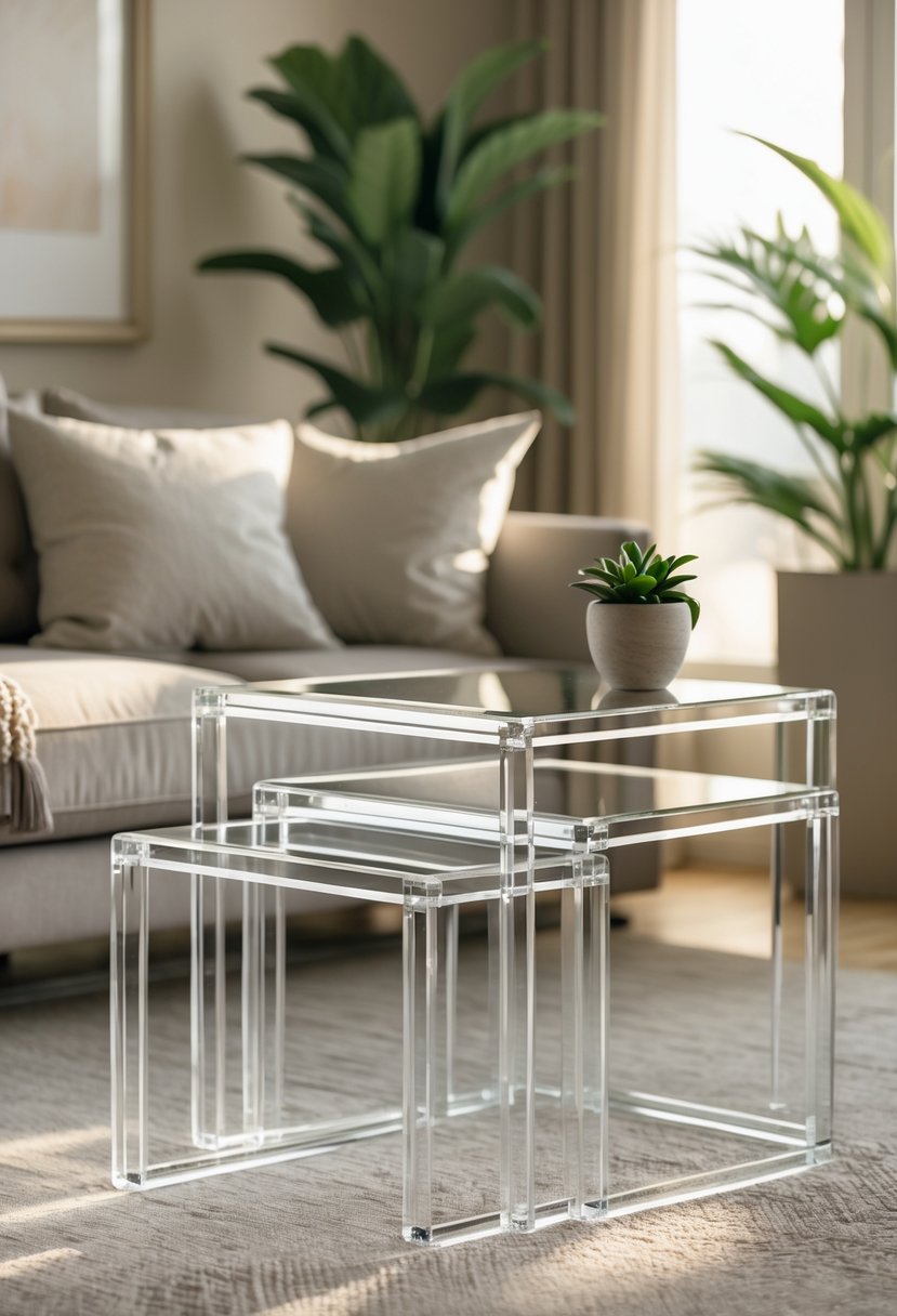 A set of transparent acrylic nesting side tables placed next to a sofa in a living room with cushions, a rug, and a potted plant.