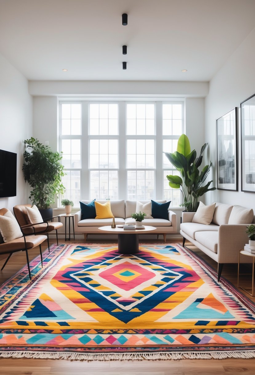 A living room with a geometric patterned rug, sofa, coffee table, chairs, and large windows letting in natural light.