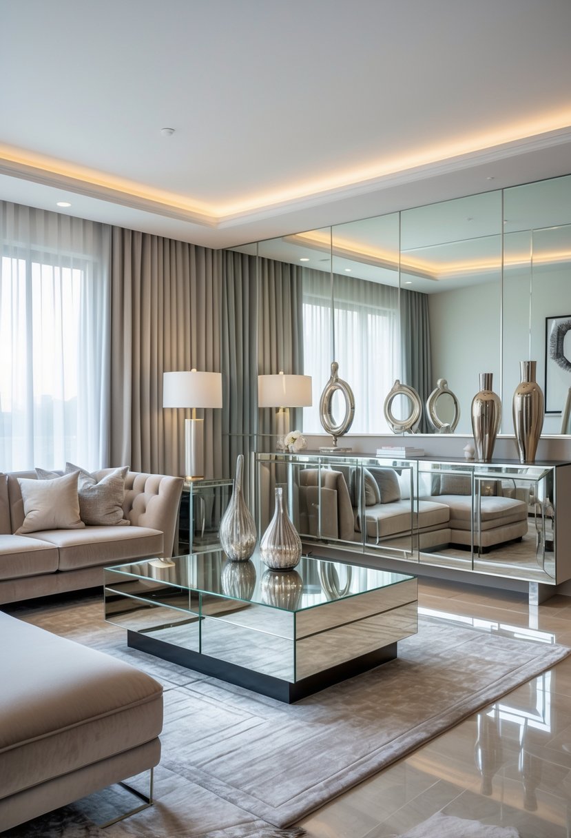A modern living room with mirrored furniture including a coffee table, sideboard, and console table, surrounded by sofas and decorative items.