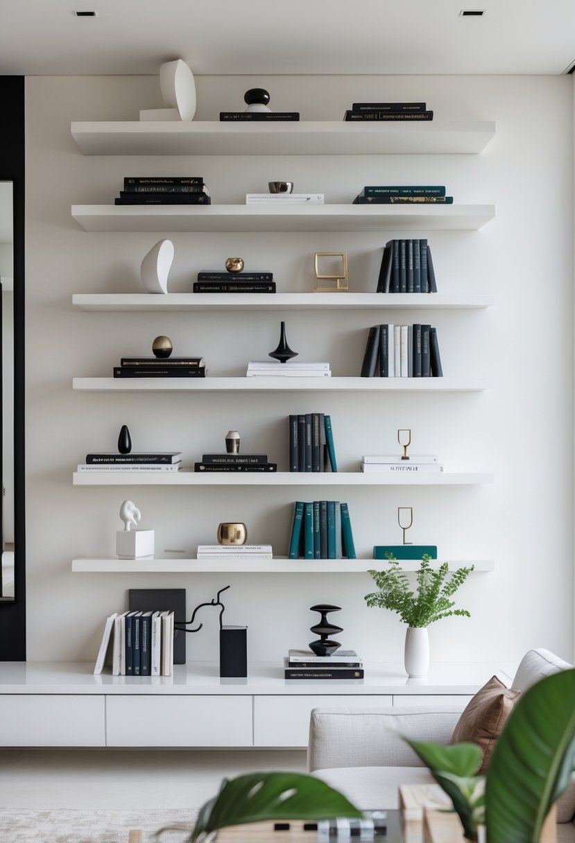 Living room with floating shelves displaying books and decorative items on a light wall.