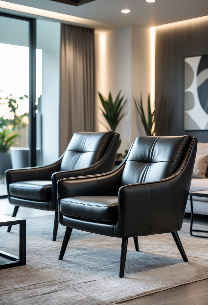 A living room with two black leather chairs, a coffee table, plants, and large windows letting in natural light.