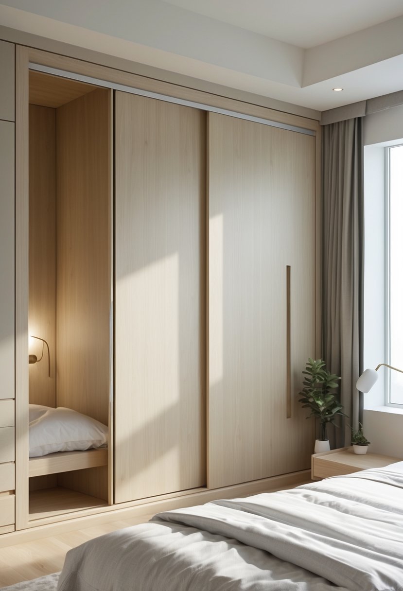 v2 149a92 vz3n7 A bedroom with a built-in cupboard featuring sliding doors that save space.
