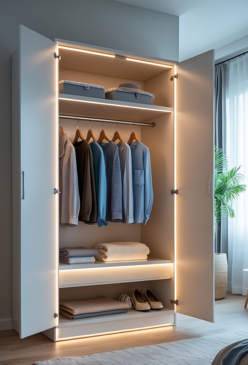 v2 149a9d s9sh1 Open bedroom cupboard with integrated LED lighting illuminating neatly organized shelves of clothing and accessories.