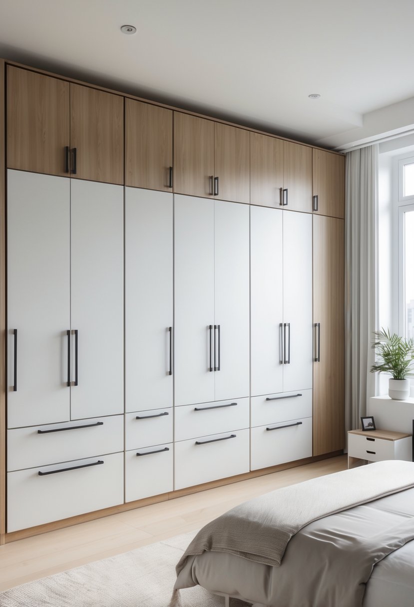 v2 149a9r fne45 A bedroom with a large floor-to-ceiling wardrobe covering one wall, multiple cupboards and drawers, a bed, and natural light coming through a window.