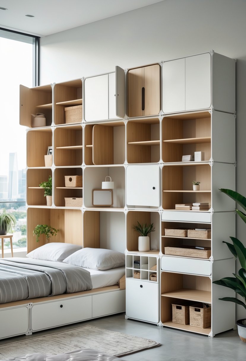 v2 149aag m5ra9 A bedroom with multiple modular cupboard units arranged for customizable storage, featuring shelves, drawers, and cabinets.