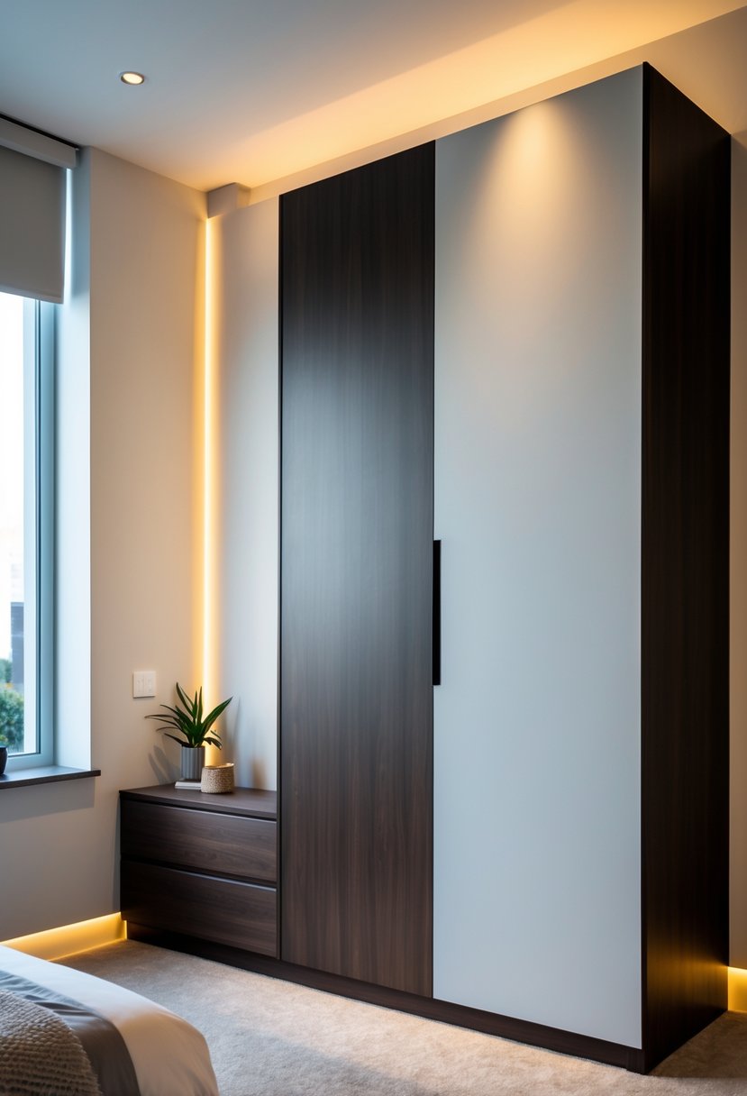 v2 149abt di9fj A bedroom with a two-toned cupboard featuring dark wood and light matte finishes, next to a bed and a bedside table with a plant.