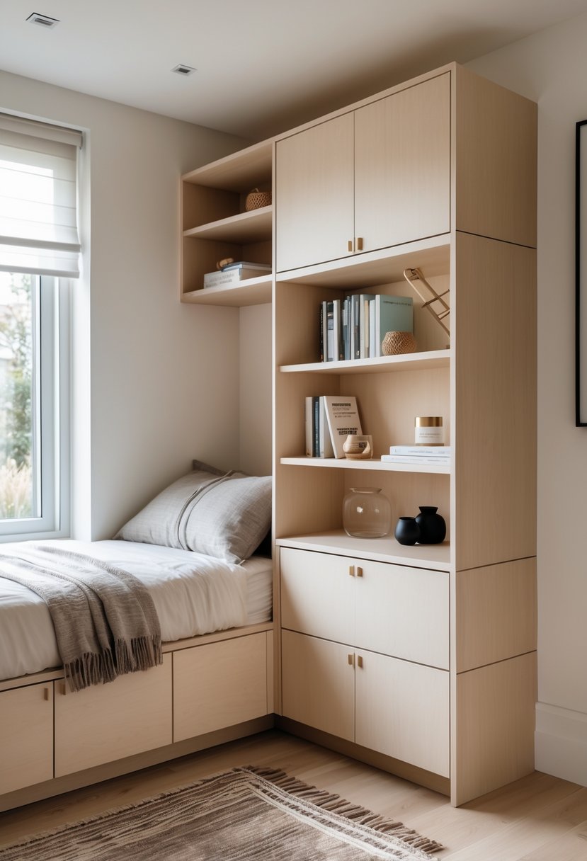 v2 149acj aakn6 A bedroom corner with built-in corner cupboard units and shelves making efficient use of the space.