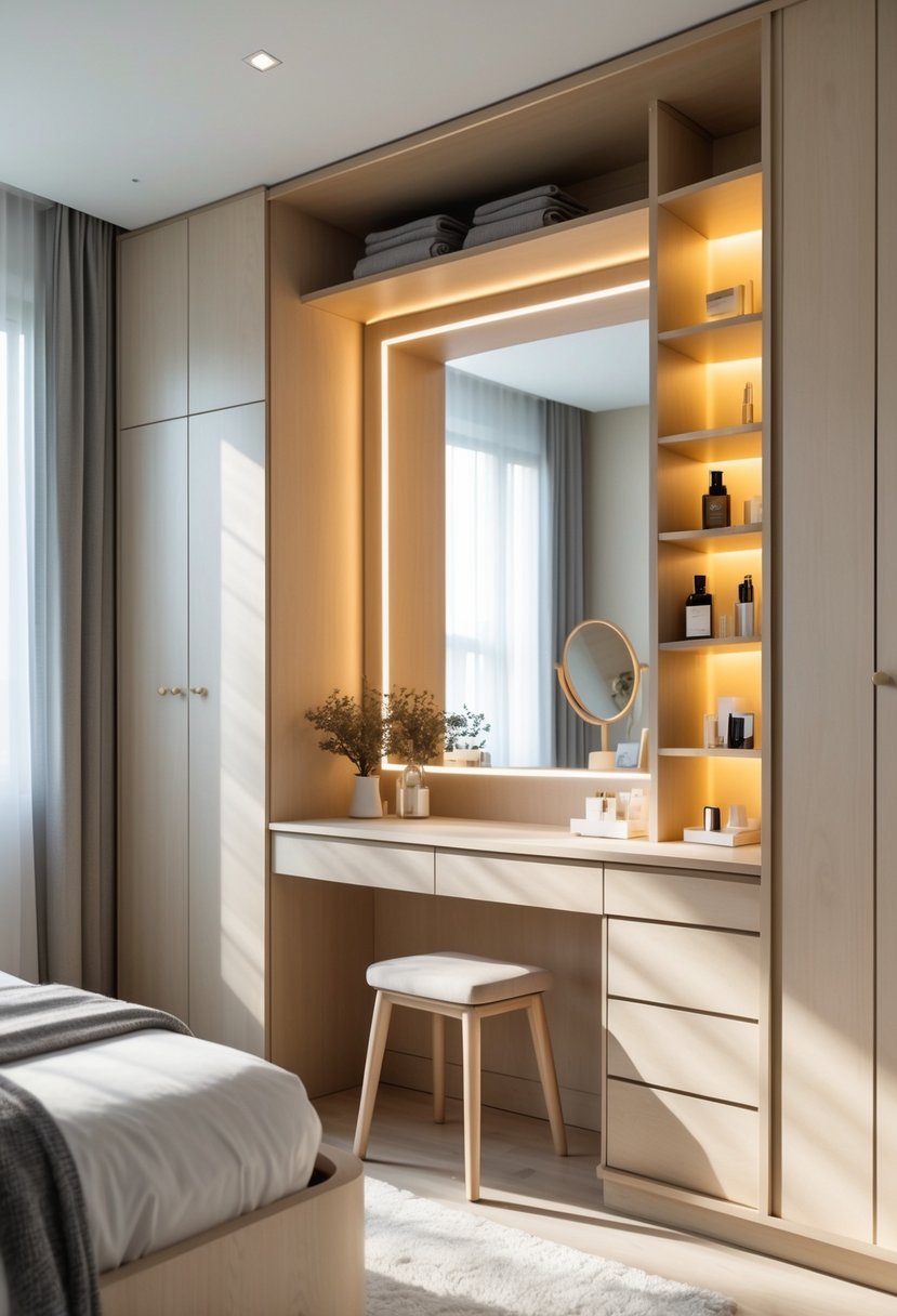 v2 149ad6 c9o02 A bedroom with a cupboard that has a built-in dressing table with a mirror and stool.