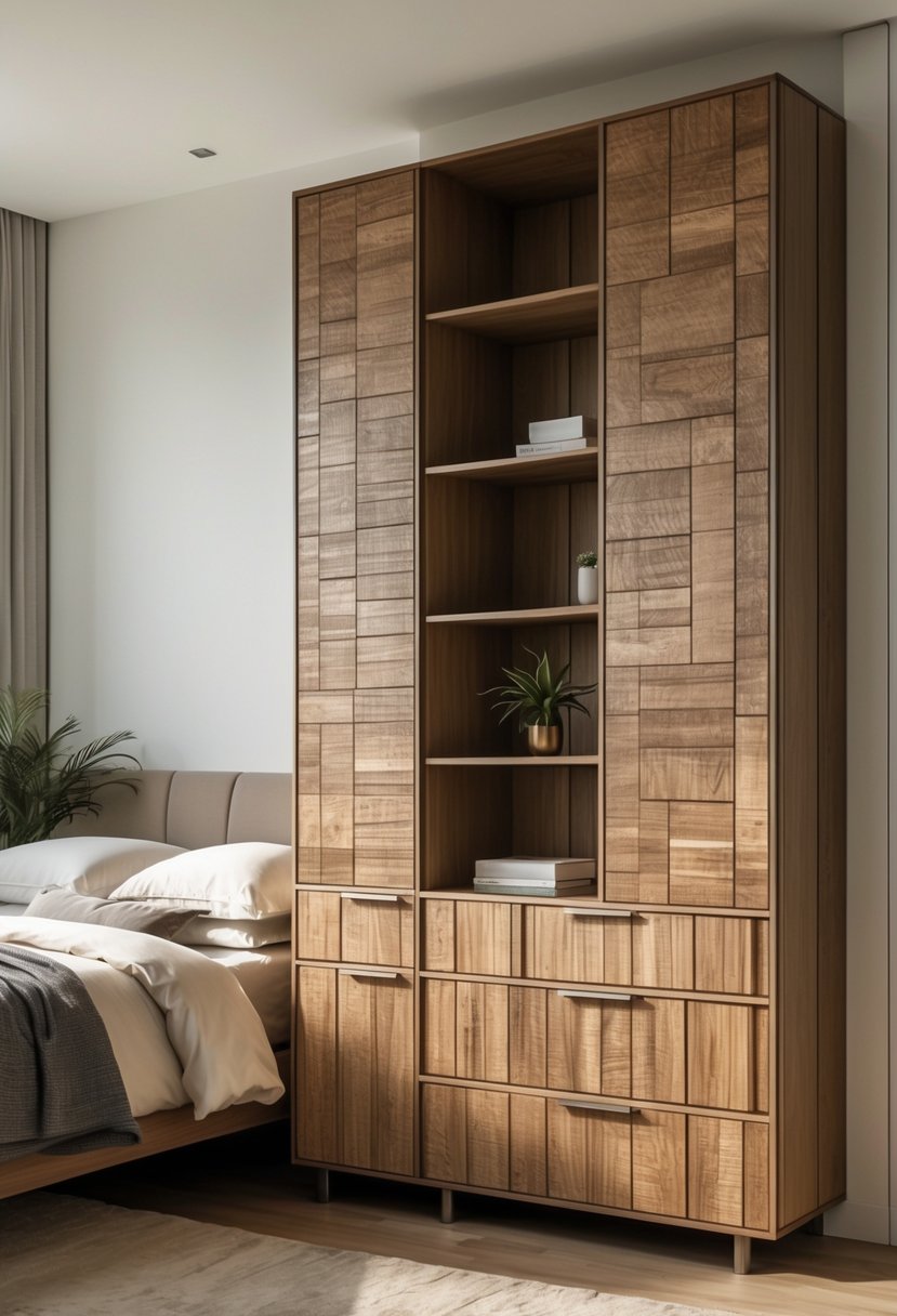 v2 149adw 93z6c A bedroom with a cupboard made of textured wood panels, showing multiple storage compartments and natural wood grain.