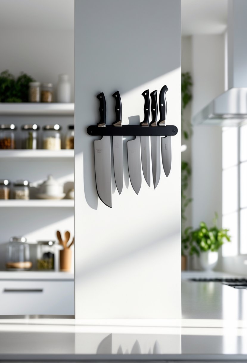 v2 149ass 8sww5 A modern kitchen with a magnetic knife strip mounted on the wall holding several knives above a clean countertop.