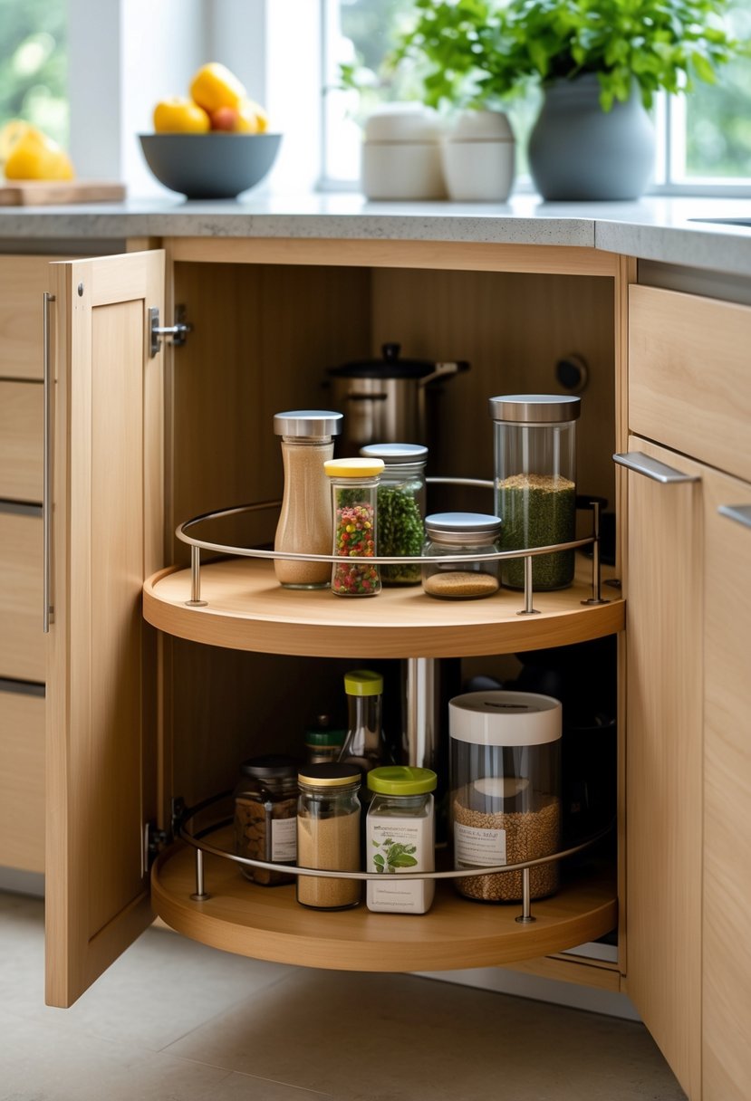 v2 149at3 Open kitchen corner cabinet with a wooden lazy Susan holding spices and jars inside.