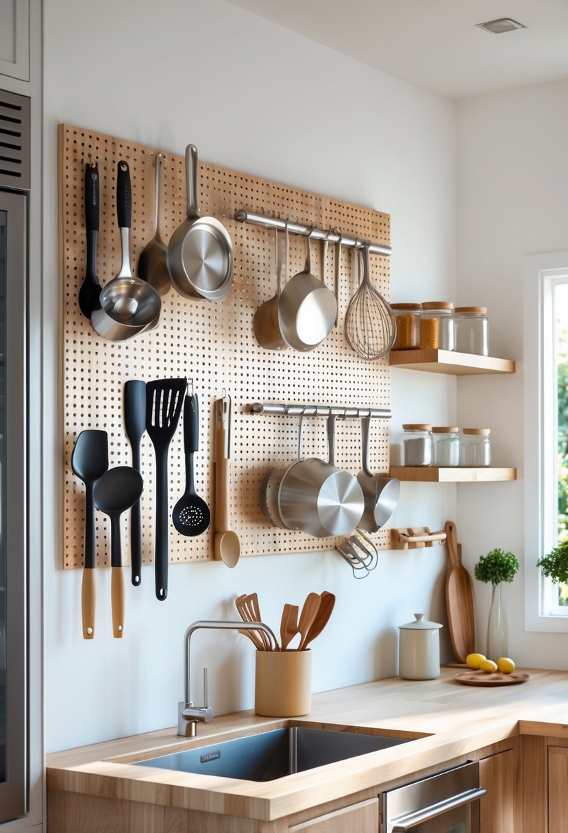 v2 149atq u03jh A kitchen wall with a pegboard holding various hanging cooking utensils and tools, surrounded by shelves and countertop items.