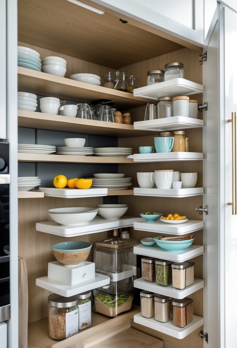 v2 149av8 uh13i Inside of a kitchen cabinet with stackable shelf risers organizing dishes and containers.