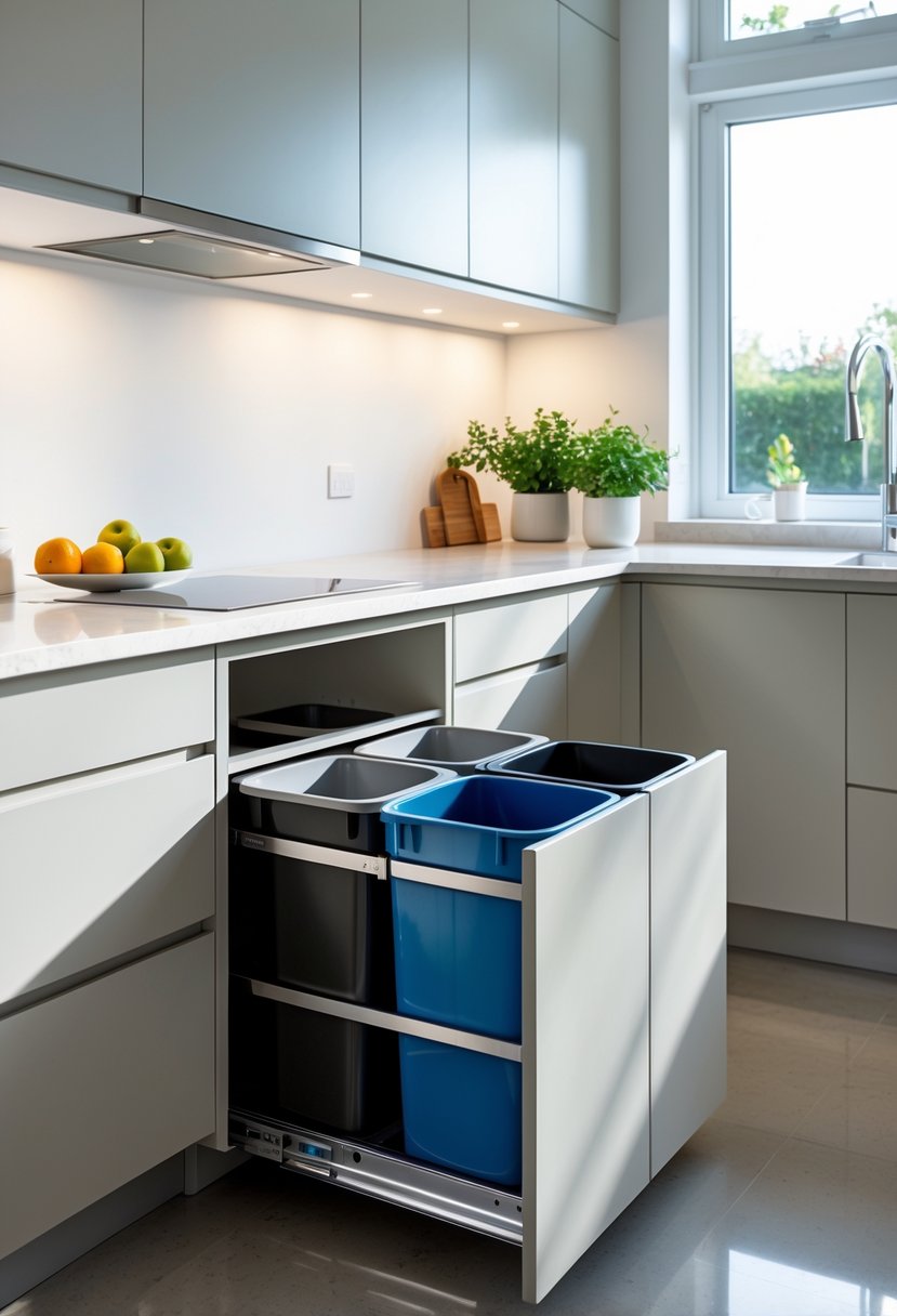 v2 149avw kd9sq A modern kitchen with built-in pull-out trash and recycling bins partially extended from the cabinets.
