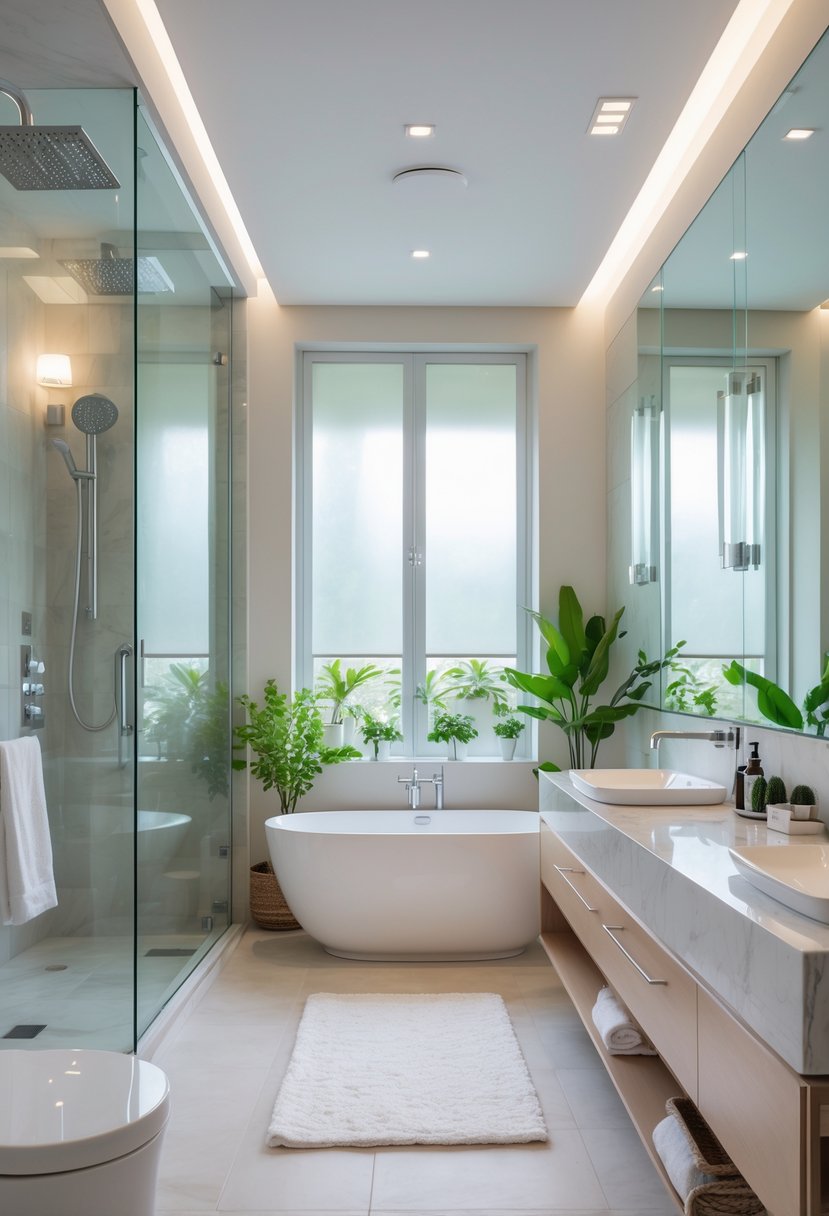 v2 149bba qnkv4 A modern ensuite bathroom with a walk-in shower, freestanding bathtub, double vanity, and natural light coming through frosted windows.