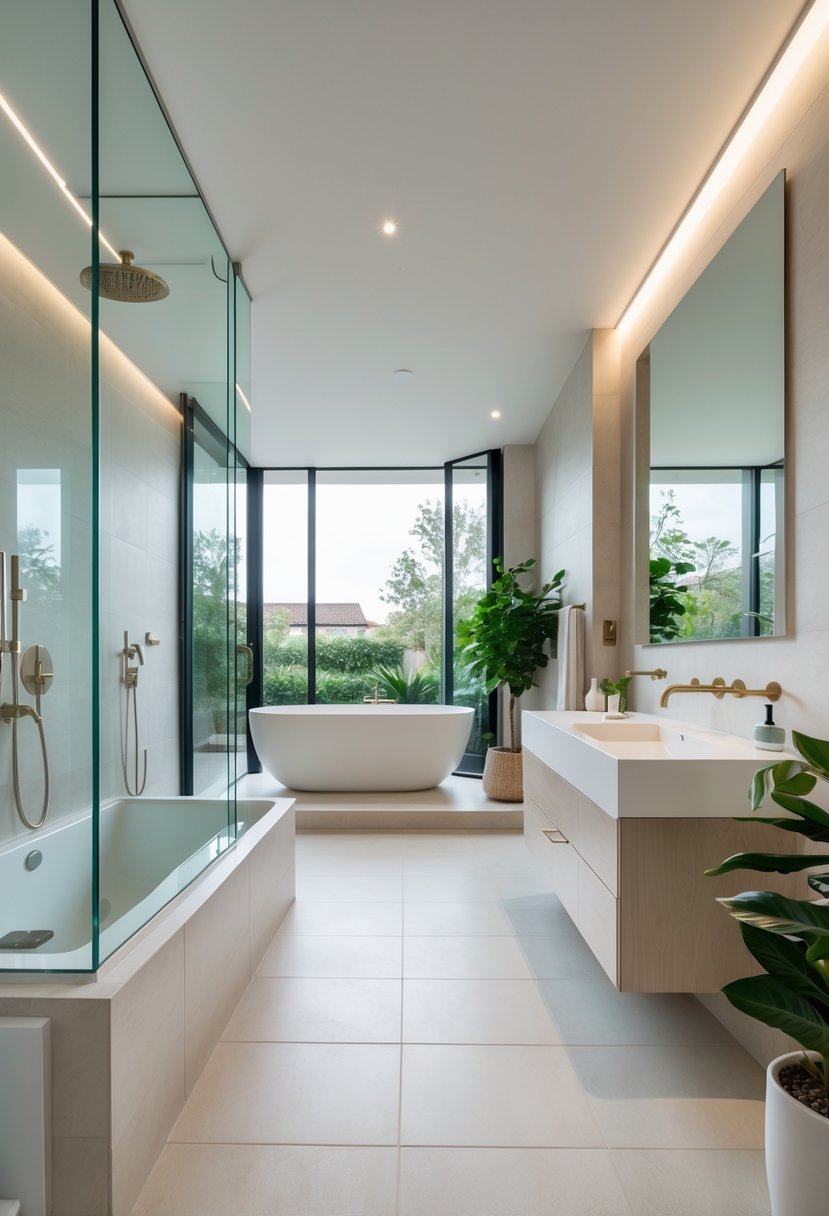 v2 149bbn A spacious ensuite bathroom with glass walls, a freestanding bathtub, wall-mounted vanity, and natural light coming through large windows.