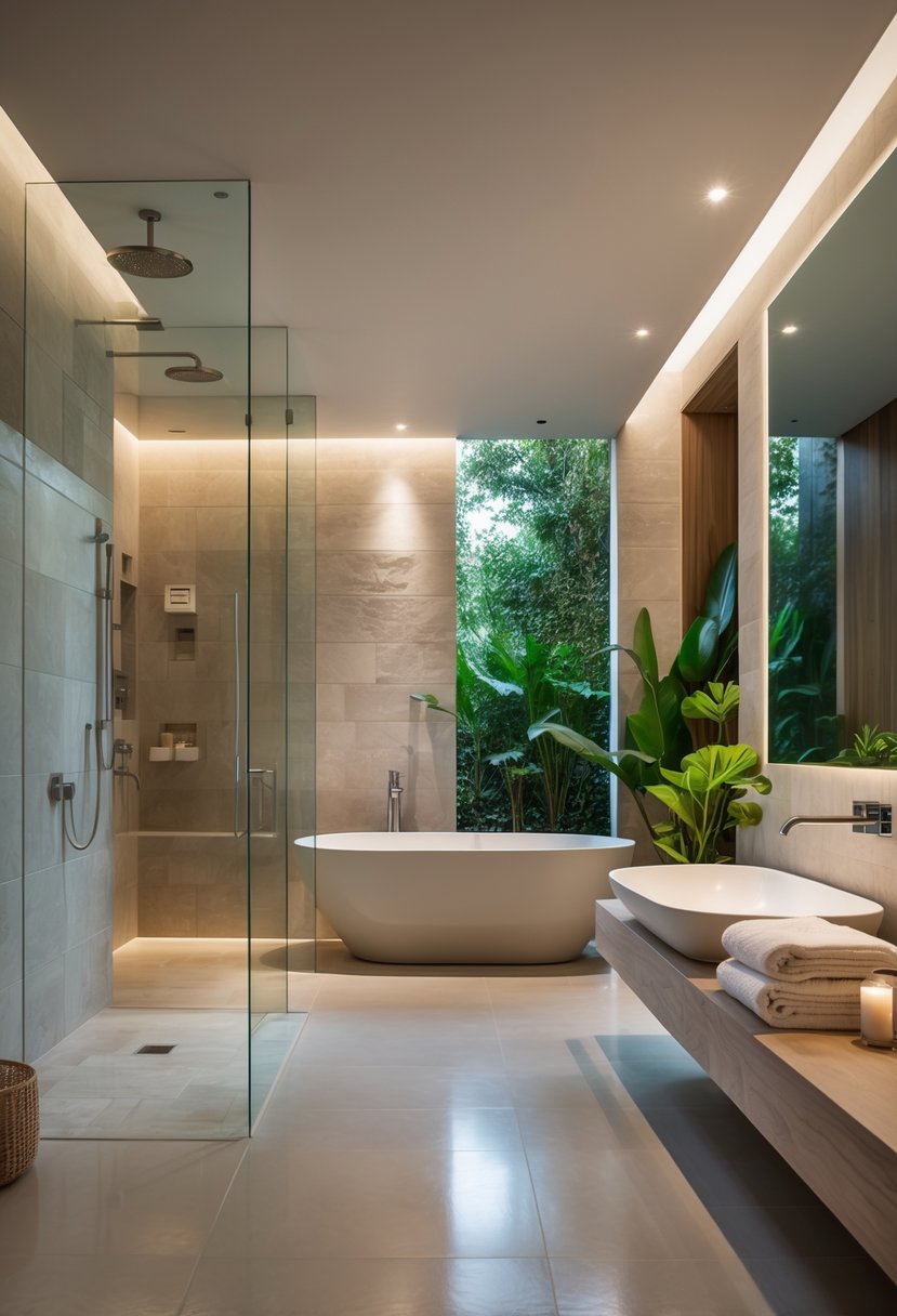 v2 149bby afjut A modern ensuite bathroom with a walk-in shower, freestanding bathtub, wooden accents, and green plants.