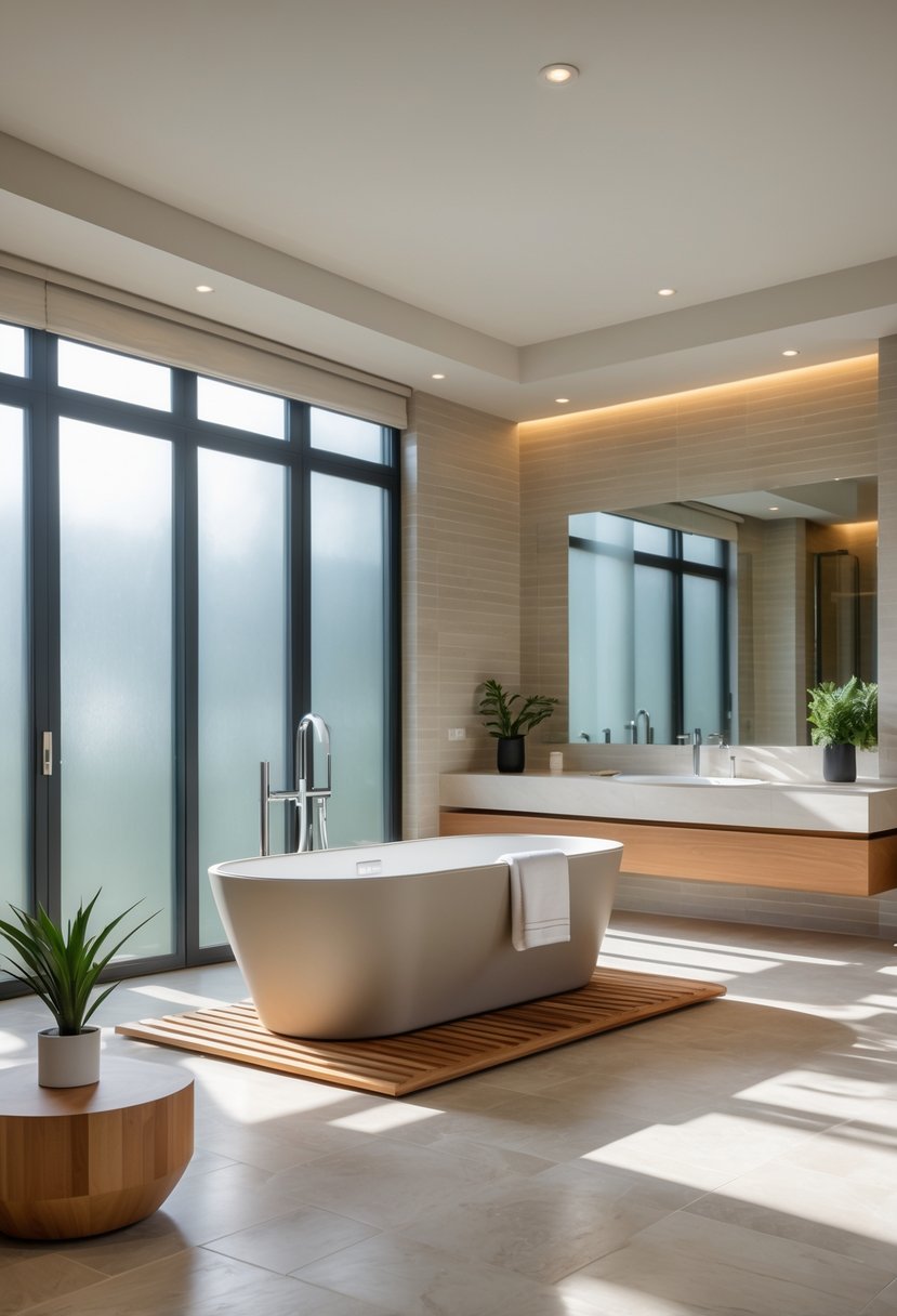 v2 149bca gb3bz A spacious bathroom with a freestanding soaking tub, natural light from large windows, and a modern vanity.