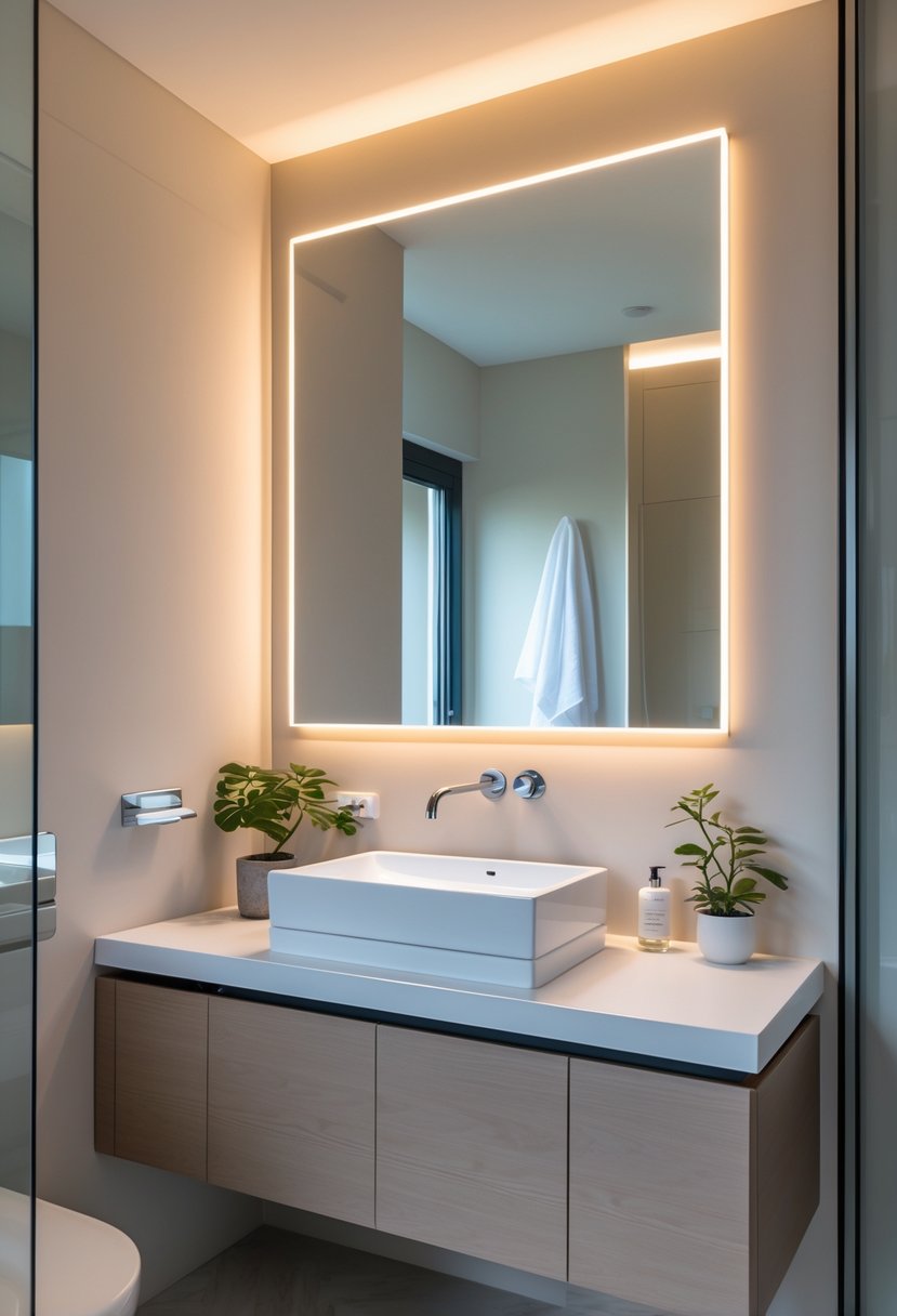 v2 149bcr qe2a9 A modern bathroom with a wall-mounted vanity featuring LED lighting, a rectangular sink, and a mirror above it.