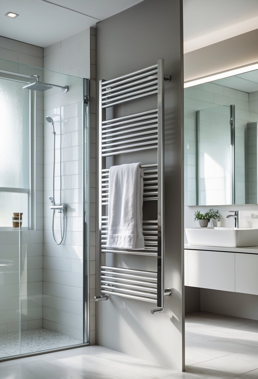 v2 149bd5 ky5j6 Ensuite bathroom with a heated towel rail, glass shower, floating vanity, and white towels.