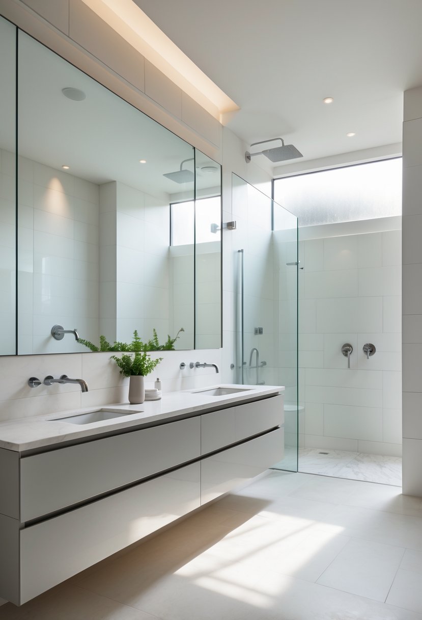 v2 149bdh ok5sf A modern ensuite bathroom with a large frameless mirror above a double vanity, a glass walk-in shower, and natural light illuminating the space.