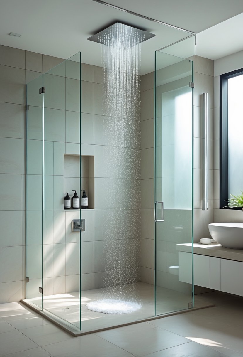 v2 149bdu 3dslj A spacious ensuite bathroom with a walk-in rainfall shower, glass enclosure, tiled walls and floor, and a floating vanity with a mirror.