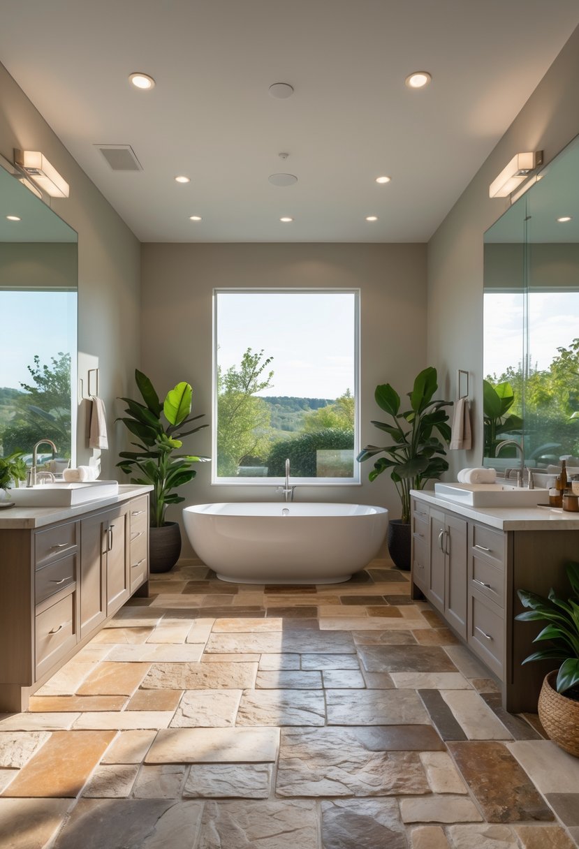 v2 149be6 w0u5i Ensuite bathroom with natural stone flooring, a freestanding bathtub, double vanity, and plants.