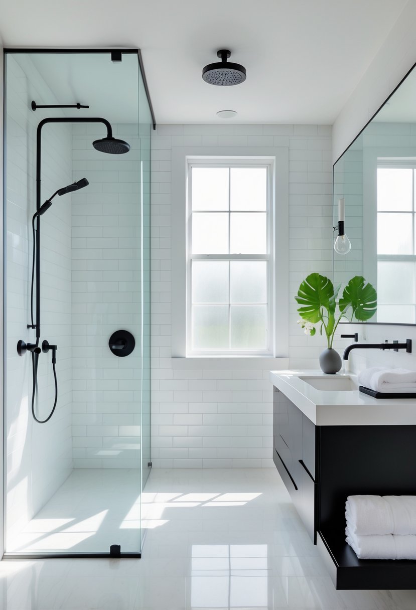 v2 149beh 8gy1f Ensuite bathroom with matte black fixtures, walk-in shower, white tiles, and a vanity with a large mirror.