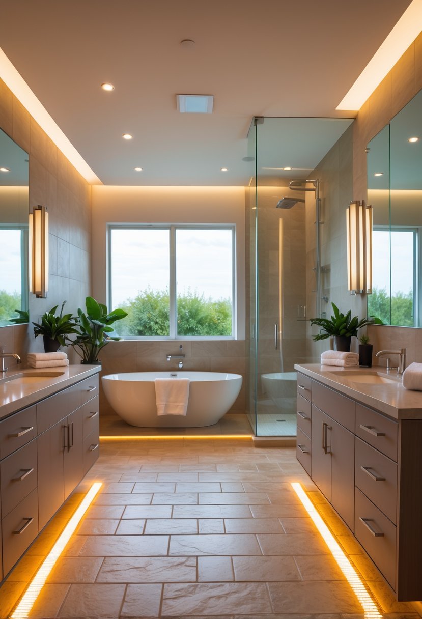 v2 149bet mrl5a A spacious ensuite bathroom with a freestanding bathtub, walk-in shower, double vanity, and warm stone tile floor.