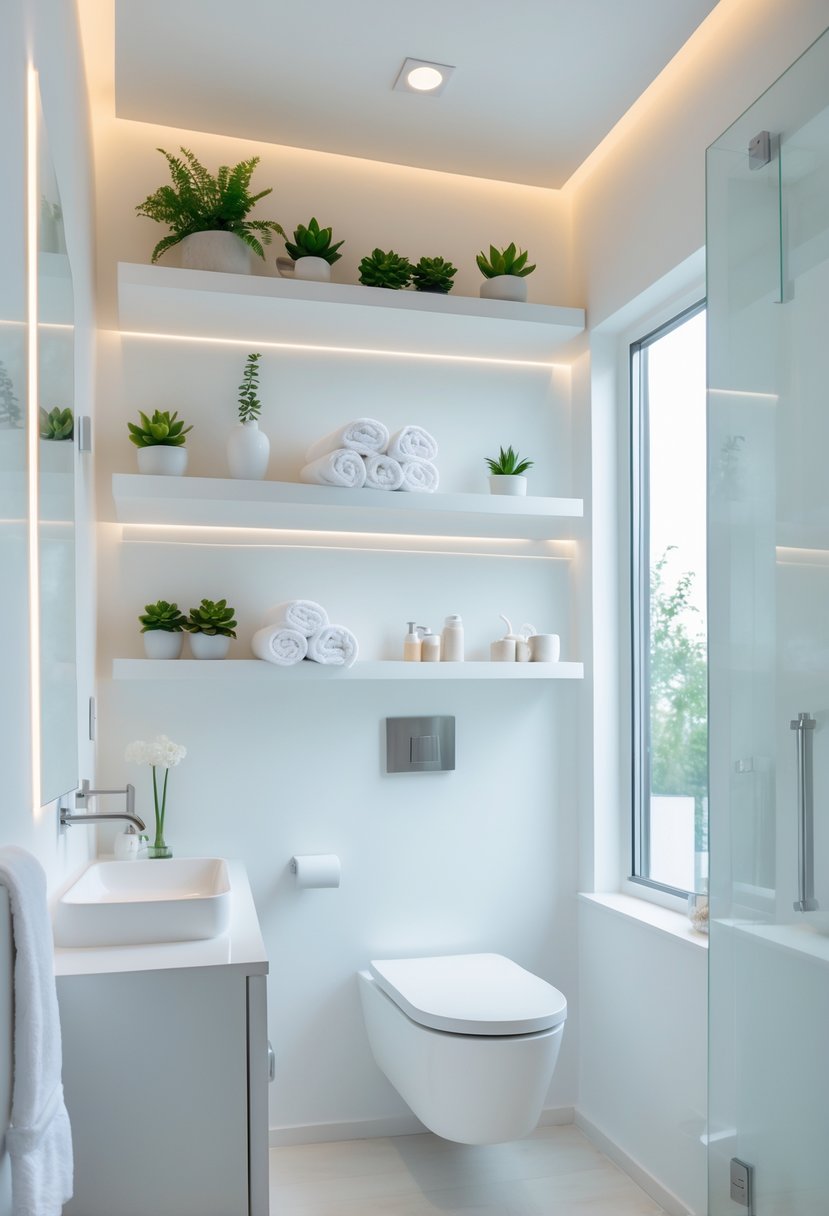 v2 149bf5 5ohwe Ensuite bathroom with floating shelves holding plants and towels above a vanity with a mirror and natural light.