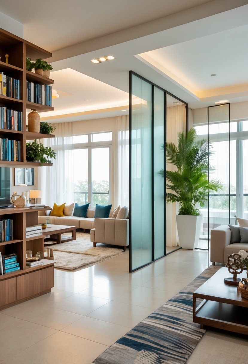 A modern living room with various room separators including bookshelves, glass panels, plants, and folding screens dividing the space.