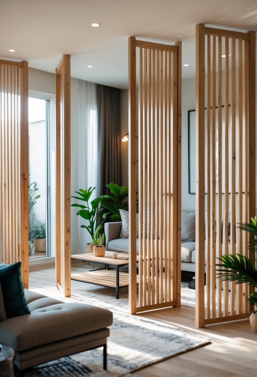 Living room with freestanding wooden slat screens partially dividing the space, featuring a sofa, coffee table, and plants.
