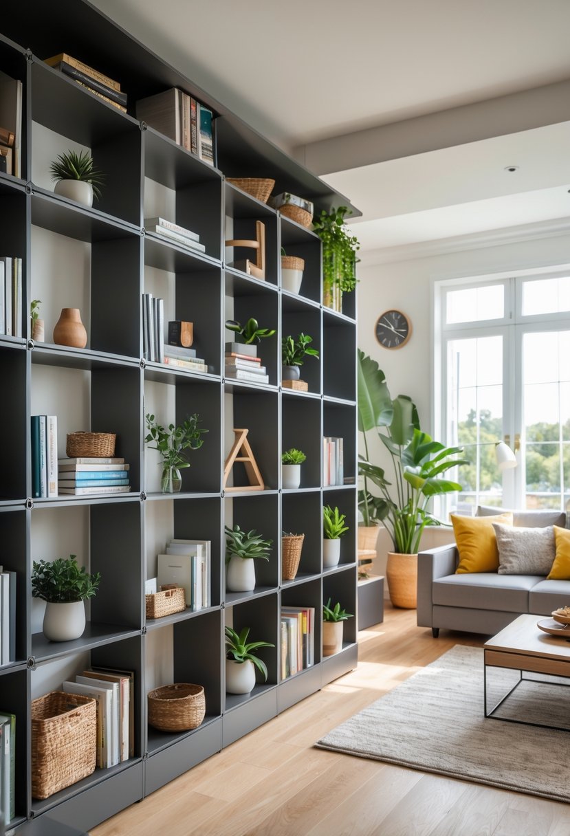 A living room with modular bookcases used to separate the space while holding books and decorative items, with a sofa and coffee table nearby.