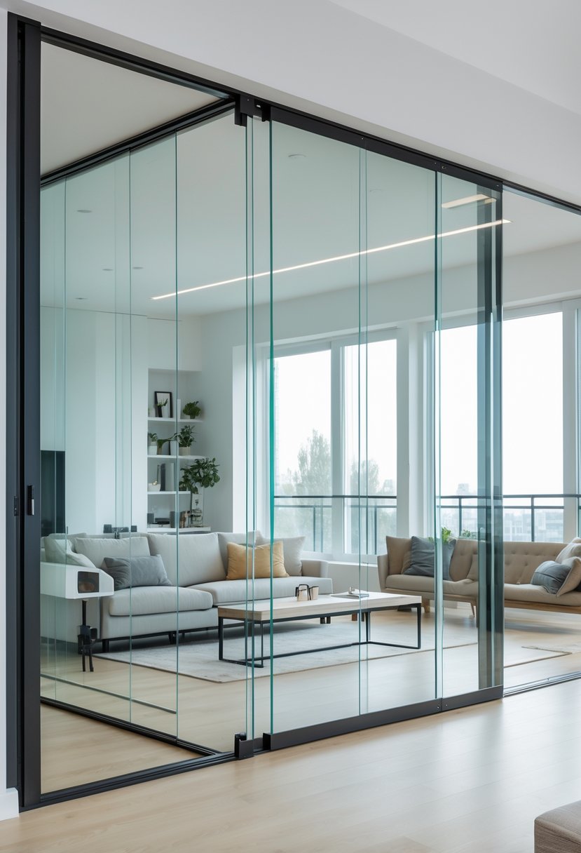 A modern living room divided by clear sliding glass partitions with furniture on both sides and natural light filling the space.