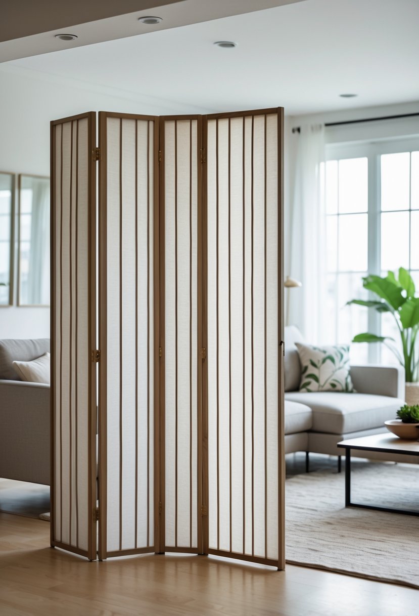 A living room with a folding fabric accordion screen partially unfolded, separating the space with natural light and modern furniture.