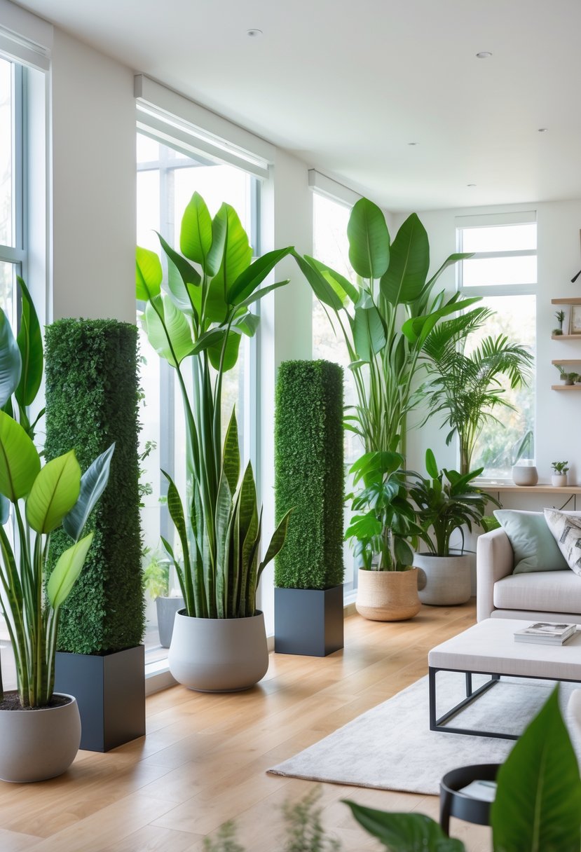 A modern living room with tall indoor plants arranged to create natural barriers separating different areas.