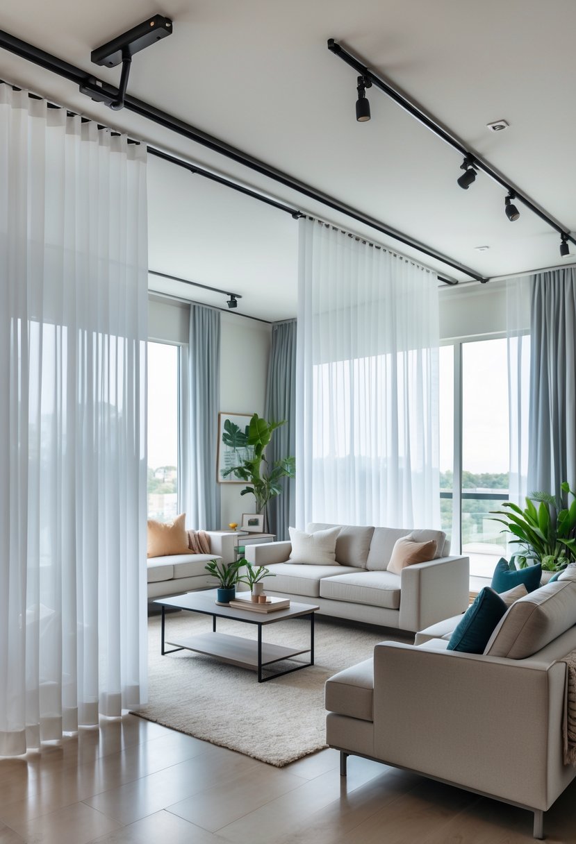 Living room with ceiling-mounted curtain tracks dividing the space into two areas using semi-transparent white curtains.