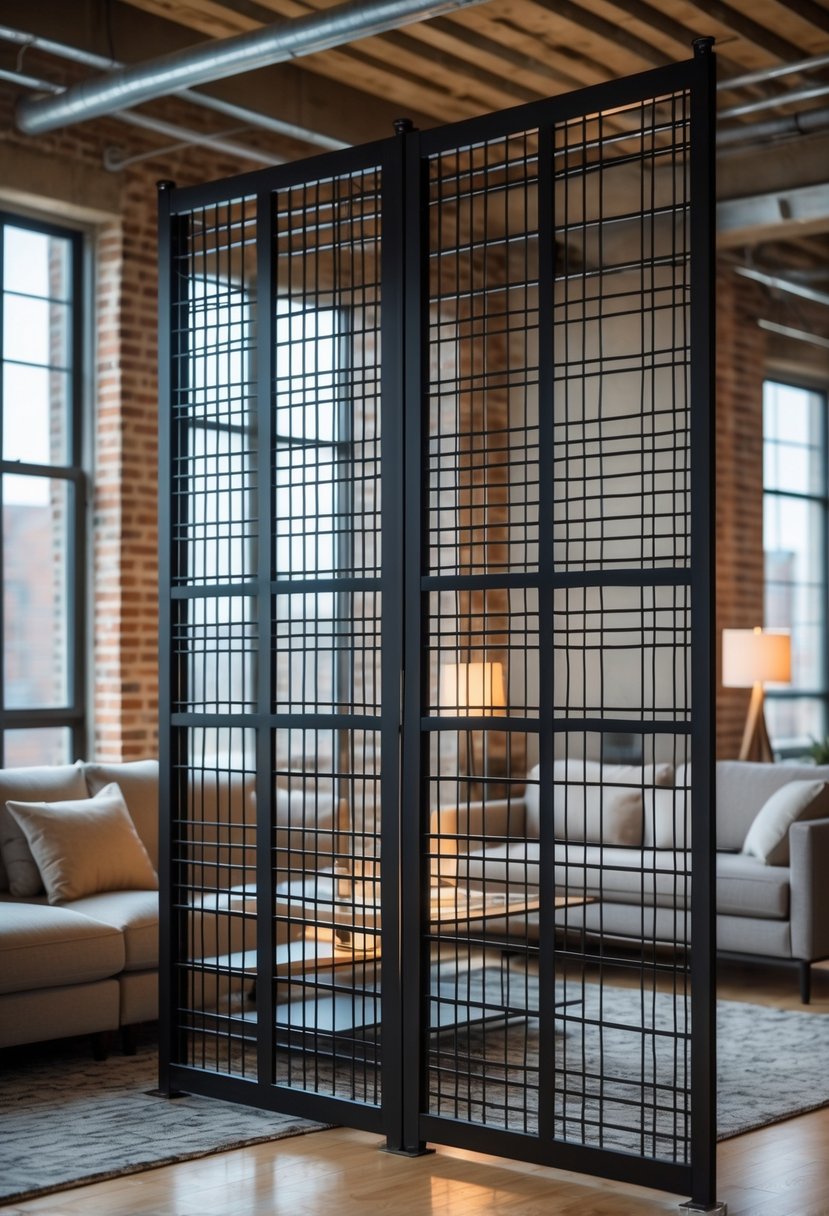 A living room divided by dark metal grid panels with a sofa and coffee table visible, featuring exposed brick walls and large windows.