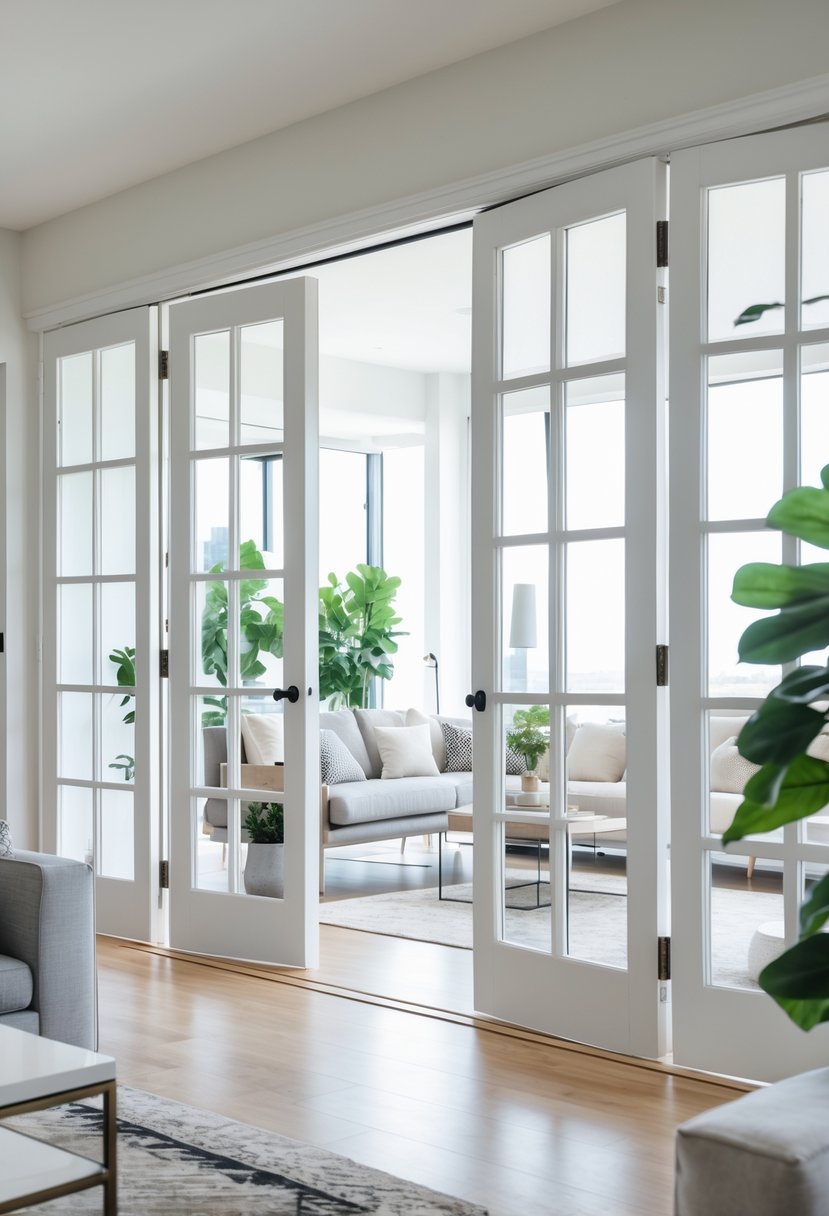 A living room with white French doors partially open, separating it from another room, with a sofa, coffee table, and plants visible.